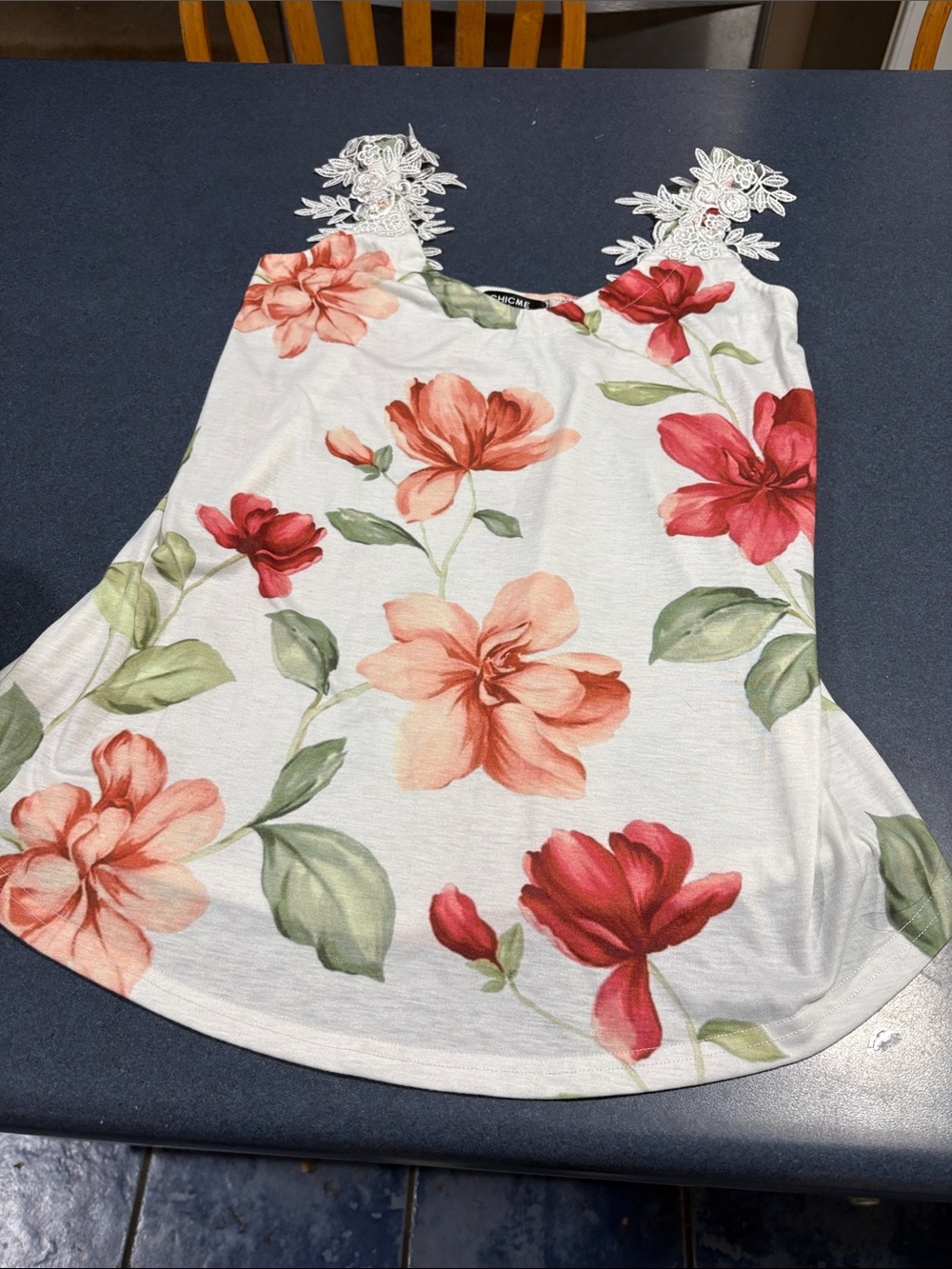 ChicMe Floral Lace Halter Tank Top - Coral & Green Floral